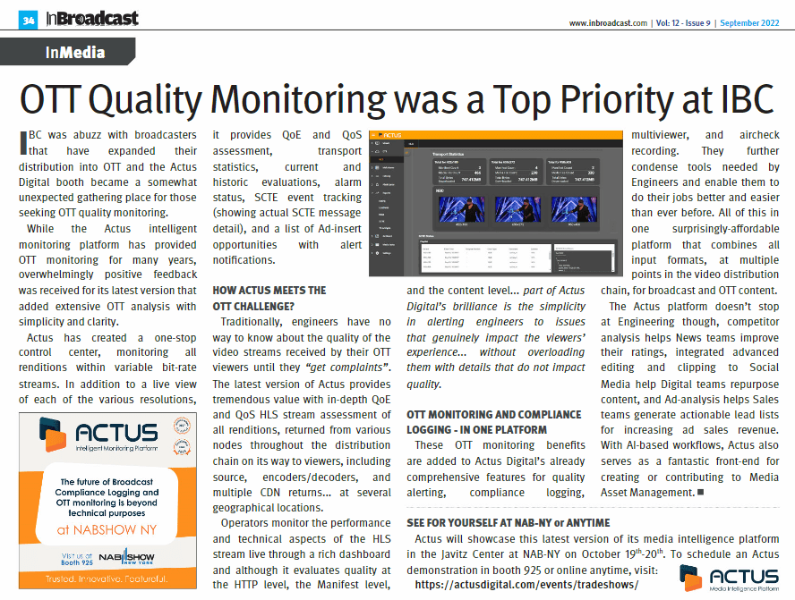 OTT Quality Monitoring was a Top Priority at IBC  